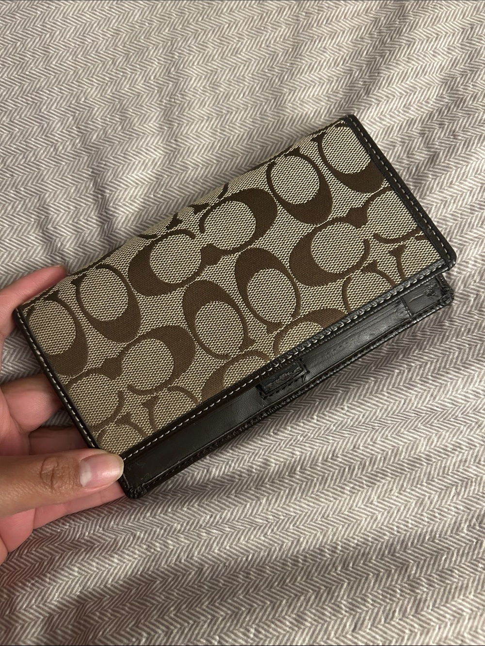 Coach Signature Canvas Trifold Wallet in Brown and Dark Brown